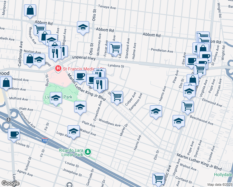 map of restaurants, bars, coffee shops, grocery stores, and more near 11243 Hulme Avenue in Lynwood