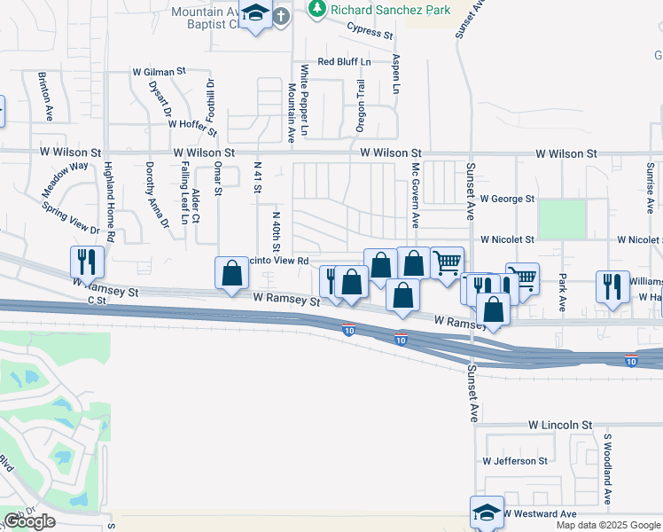 map of restaurants, bars, coffee shops, grocery stores, and more near 3880 West Jacinto View Road in Banning