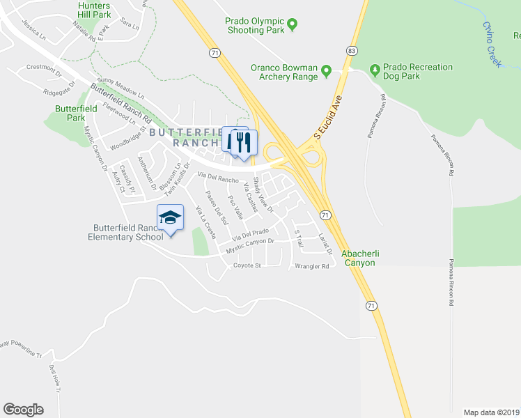 map of restaurants, bars, coffee shops, grocery stores, and more near 17917 Vía Casitas in Chino Hills