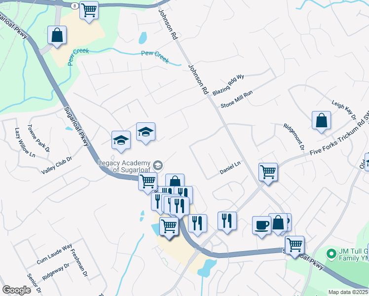 map of restaurants, bars, coffee shops, grocery stores, and more near 1512 Daniel Lane in Lawrenceville