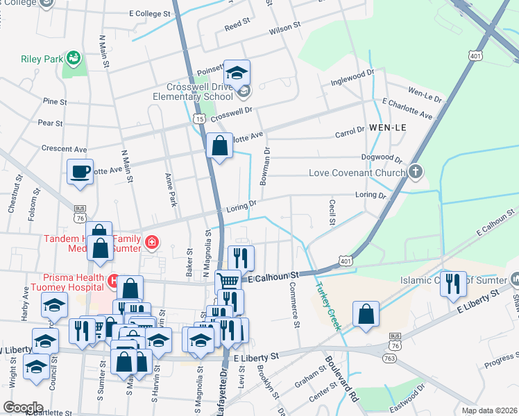 map of restaurants, bars, coffee shops, grocery stores, and more near 304 Loring Drive in Sumter