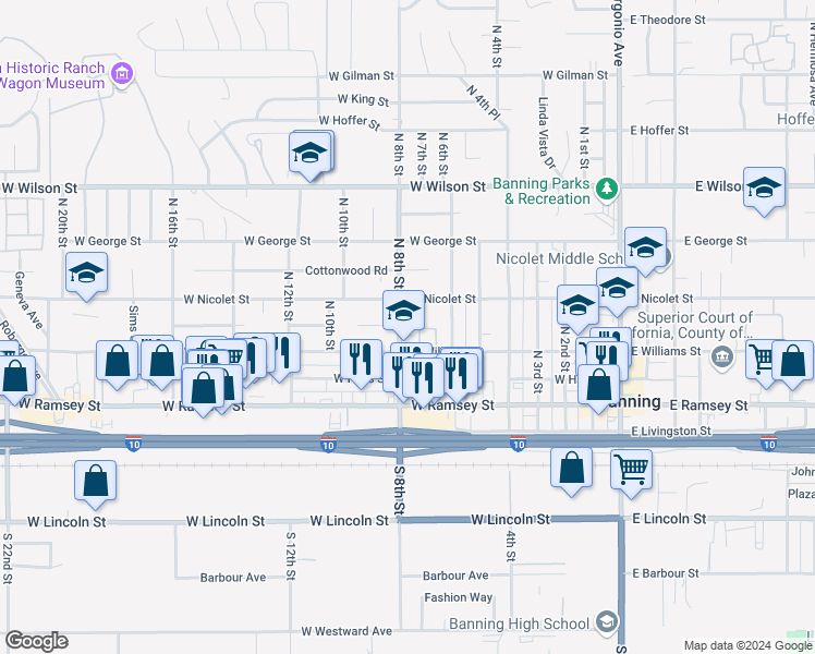 map of restaurants, bars, coffee shops, grocery stores, and more near 726 West Nicolet Street in Banning