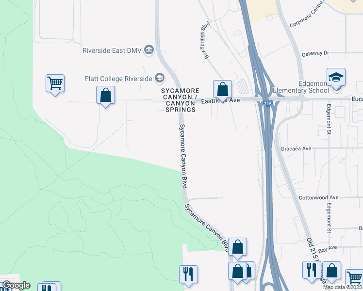map of restaurants, bars, coffee shops, grocery stores, and more near 6467 Sycamore Canyon Boulevard in Riverside