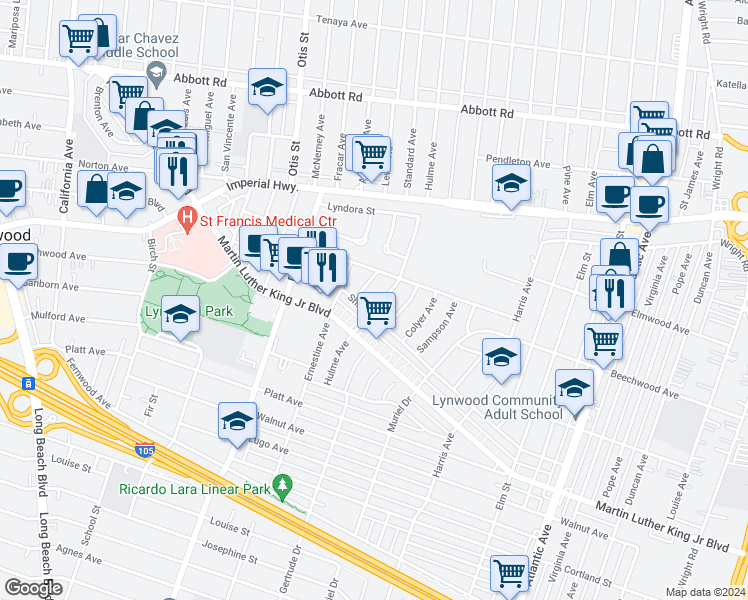 map of restaurants, bars, coffee shops, grocery stores, and more near 11243 Hulme Avenue in Lynwood