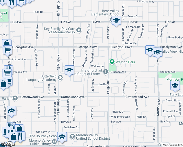 map of restaurants, bars, coffee shops, grocery stores, and more near 25833 Dracaea Avenue in Moreno Valley