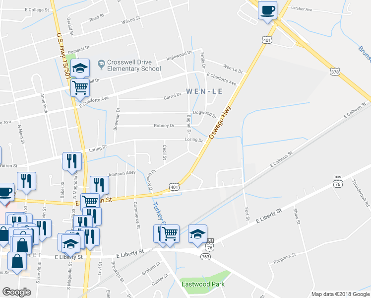 map of restaurants, bars, coffee shops, grocery stores, and more near 10 Bagnal Drive in Sumter