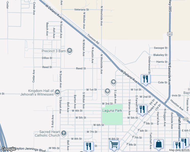 map of restaurants, bars, coffee shops, grocery stores, and more near 171 North Westside Avenue in Littlefield