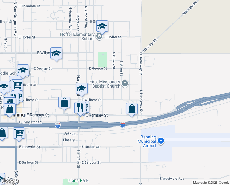 map of restaurants, bars, coffee shops, grocery stores, and more near 1242 East Nicolet Street in Banning