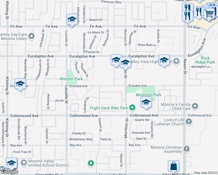 map of restaurants, bars, coffee shops, grocery stores, and more near 13237 Napa Valley Court in Moreno Valley
