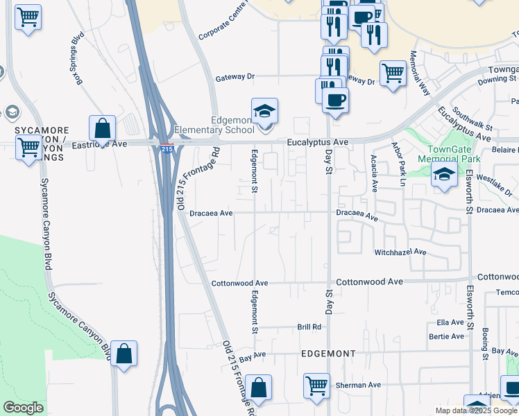 map of restaurants, bars, coffee shops, grocery stores, and more near 13199 Edgemont Street in Moreno Valley