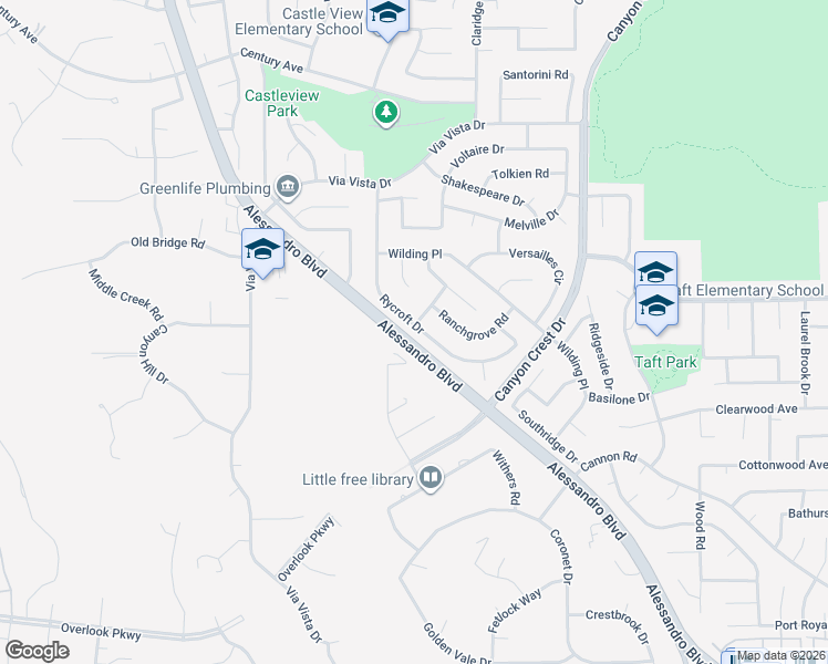 map of restaurants, bars, coffee shops, grocery stores, and more near 6800 Rycroft Drive in Riverside