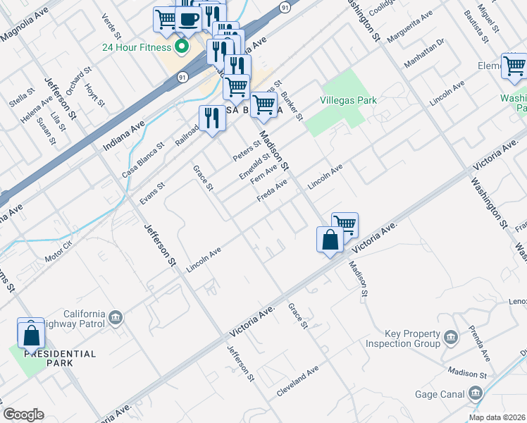 map of restaurants, bars, coffee shops, grocery stores, and more near 7606 Freda Avenue in Riverside