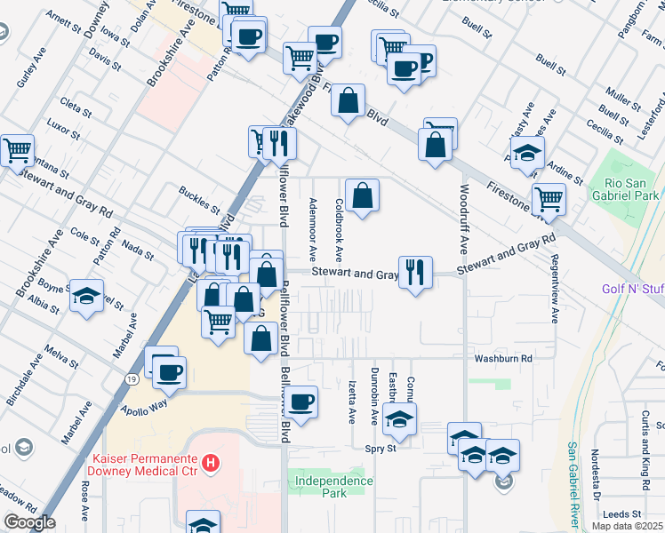 map of restaurants, bars, coffee shops, grocery stores, and more near 11744 Adenmoor Avenue in Downey