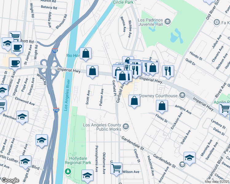 map of restaurants, bars, coffee shops, grocery stores, and more near 11005 Garfield Pl in South Gate
