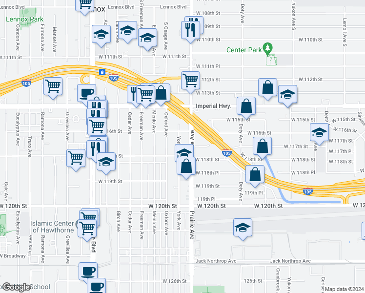 map of restaurants, bars, coffee shops, grocery stores, and more near 11625 Prairie Avenue in Hawthorne