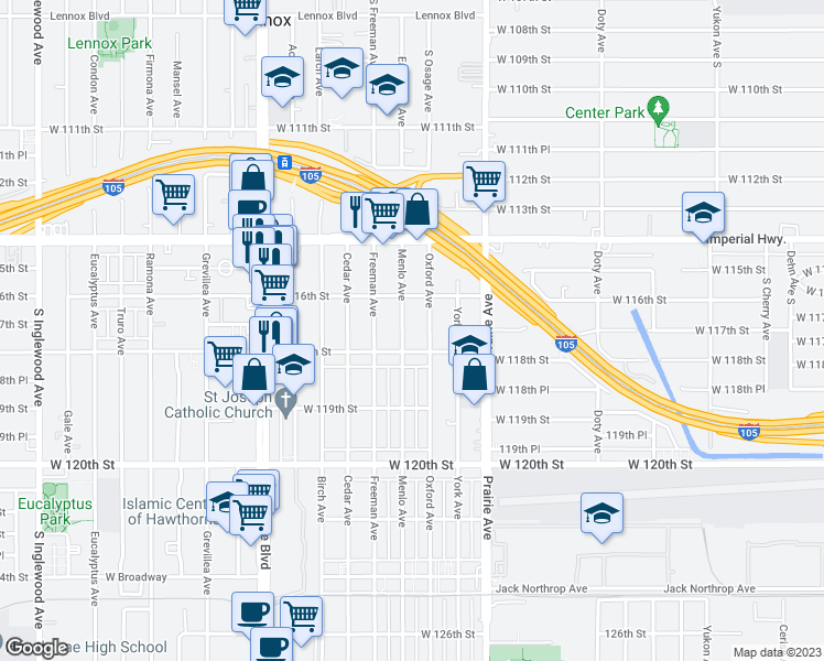 map of restaurants, bars, coffee shops, grocery stores, and more near 11626 Menlo Avenue in Hawthorne