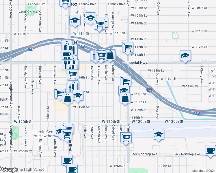 map of restaurants, bars, coffee shops, grocery stores, and more near 11626 Menlo Avenue in Hawthorne