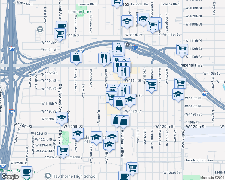 map of restaurants, bars, coffee shops, grocery stores, and more near 11630 Grevillea Avenue in Hawthorne