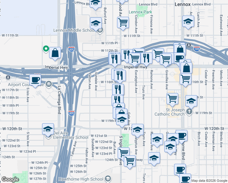 map of restaurants, bars, coffee shops, grocery stores, and more near 4817 West 117th Street in Hawthorne