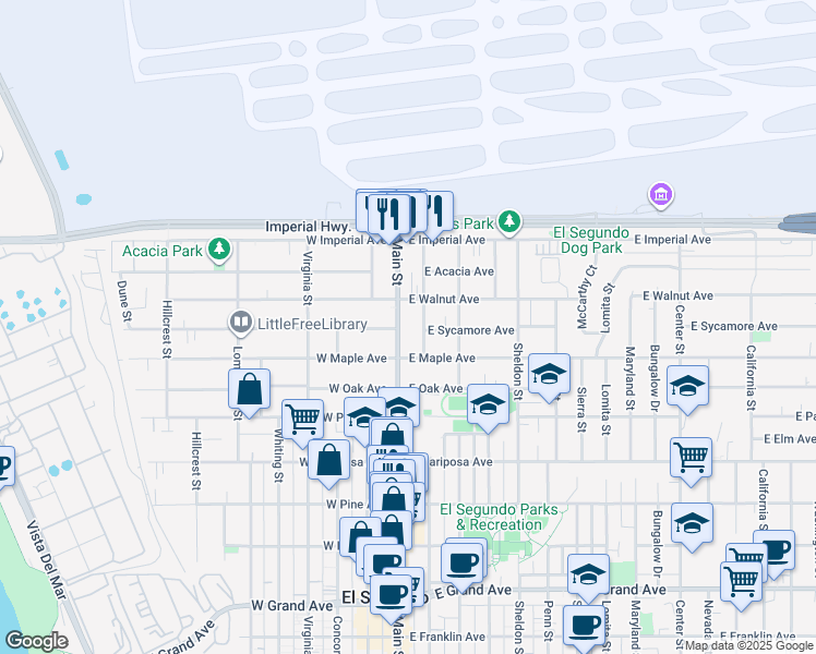 map of restaurants, bars, coffee shops, grocery stores, and more near 847 Main Street in El Segundo