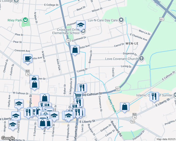 map of restaurants, bars, coffee shops, grocery stores, and more near 300 Bowman Drive in Sumter