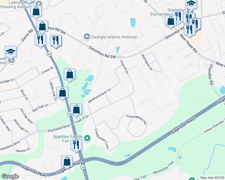 map of restaurants, bars, coffee shops, grocery stores, and more near 147 Mediterranean Lane in Lawrenceville