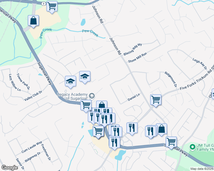 map of restaurants, bars, coffee shops, grocery stores, and more near 1512 Daniel Lane in Lawrenceville