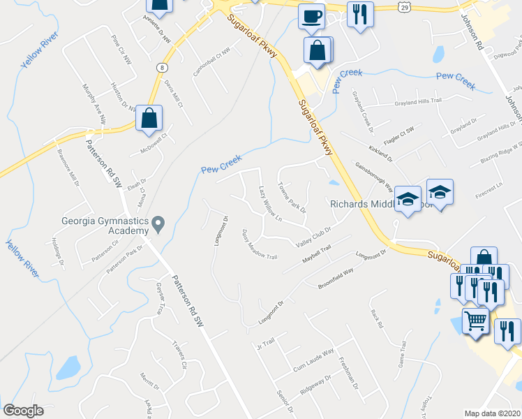 map of restaurants, bars, coffee shops, grocery stores, and more near 435 Lazy Willow Lane in Lawrenceville