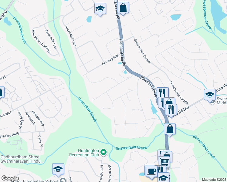 map of restaurants, bars, coffee shops, grocery stores, and more near 3806 Green Bay Drive Northwest in Lawrenceville