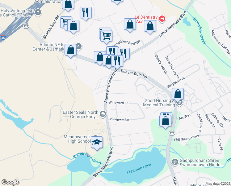 map of restaurants, bars, coffee shops, grocery stores, and more near 4140 Steve Reynolds Boulevard in Norcross