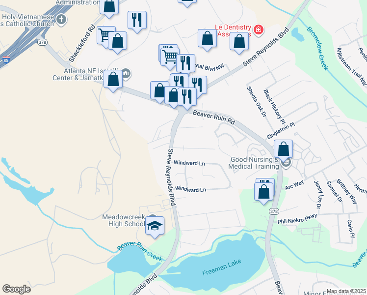 map of restaurants, bars, coffee shops, grocery stores, and more near 4140 Steve Reynolds Boulevard in Norcross