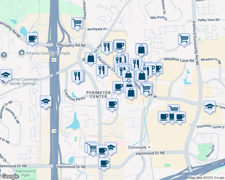 map of restaurants, bars, coffee shops, grocery stores, and more near 1165 Perimeter Center W in Atlanta