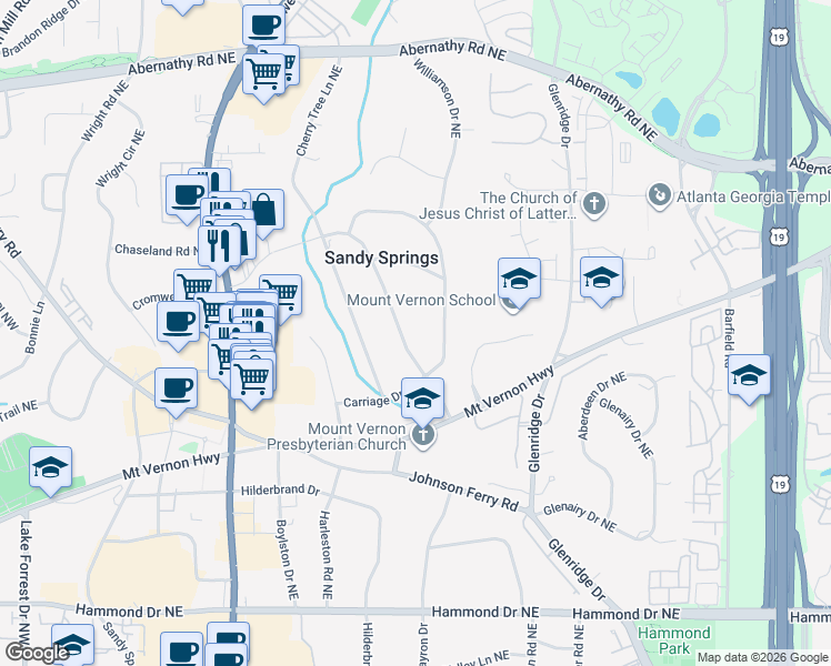 map of restaurants, bars, coffee shops, grocery stores, and more near 6331 Vernon Woods Drive Northeast in Atlanta