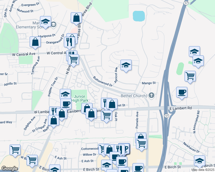 map of restaurants, bars, coffee shops, grocery stores, and more near 430 Buttonwood Drive in Brea