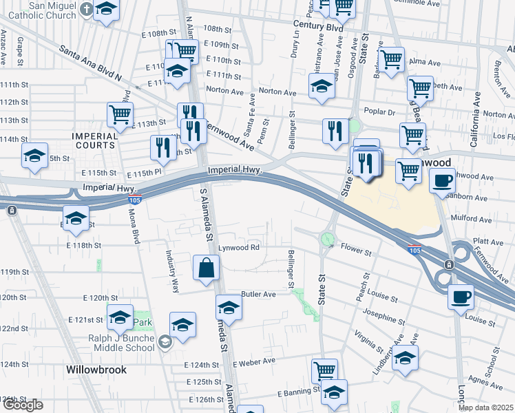 map of restaurants, bars, coffee shops, grocery stores, and more near 2700 East Imperial Highway in Lynwood