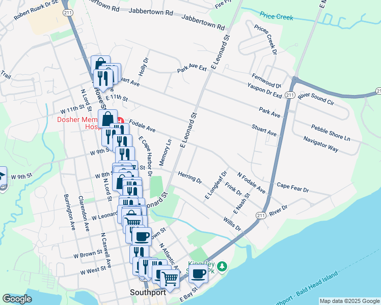 map of restaurants, bars, coffee shops, grocery stores, and more near 417 Mitchell Street in Southport