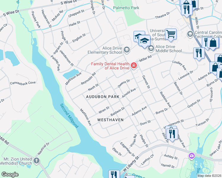 map of restaurants, bars, coffee shops, grocery stores, and more near 519 Phelps Street in Sumter