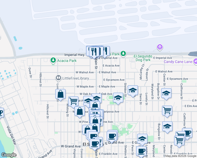 map of restaurants, bars, coffee shops, grocery stores, and more near in El Segundo