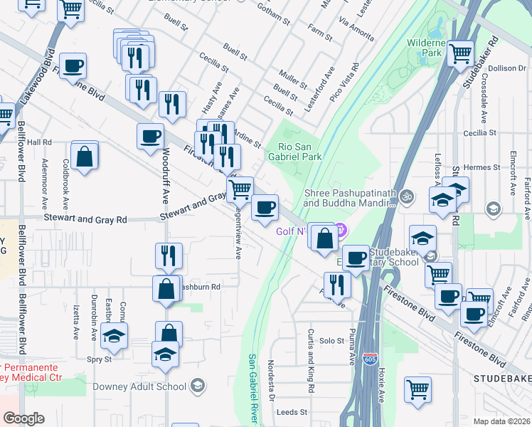 map of restaurants, bars, coffee shops, grocery stores, and more near 8709 Firestone Boulevard in Downey