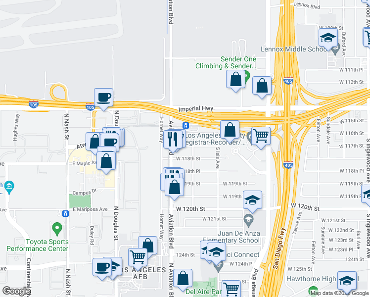 map of restaurants, bars, coffee shops, grocery stores, and more near 5518 West 117th Street in Inglewood