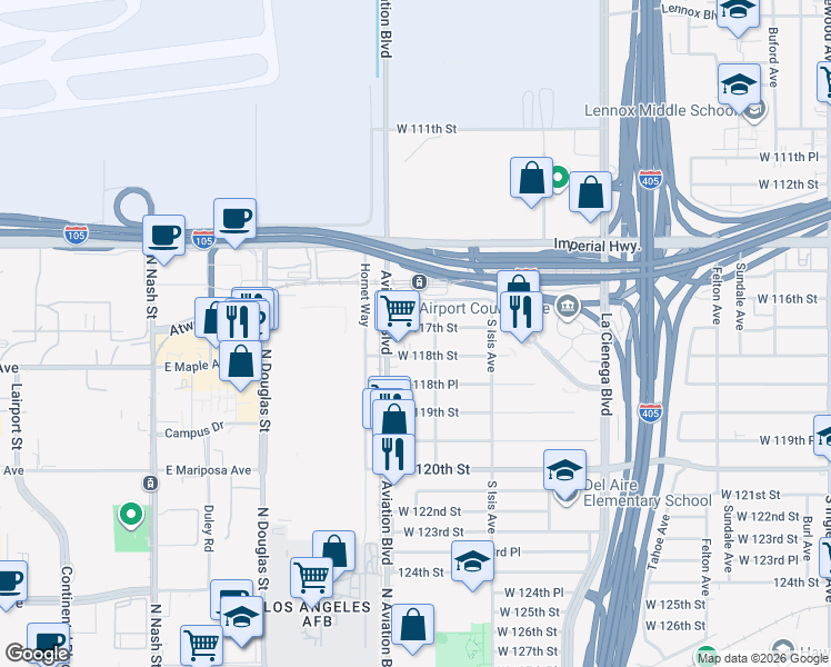 map of restaurants, bars, coffee shops, grocery stores, and more near 5518 West 117th Street in Inglewood