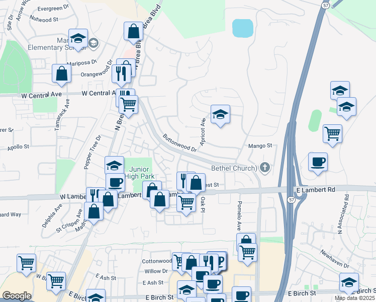 map of restaurants, bars, coffee shops, grocery stores, and more near 430 Buttonwood Drive in Brea