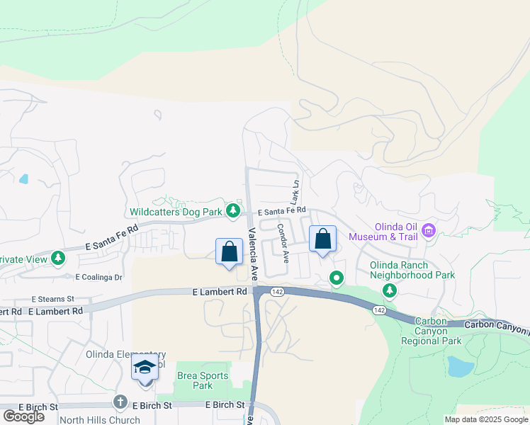 map of restaurants, bars, coffee shops, grocery stores, and more near Santa Fe Road in Brea