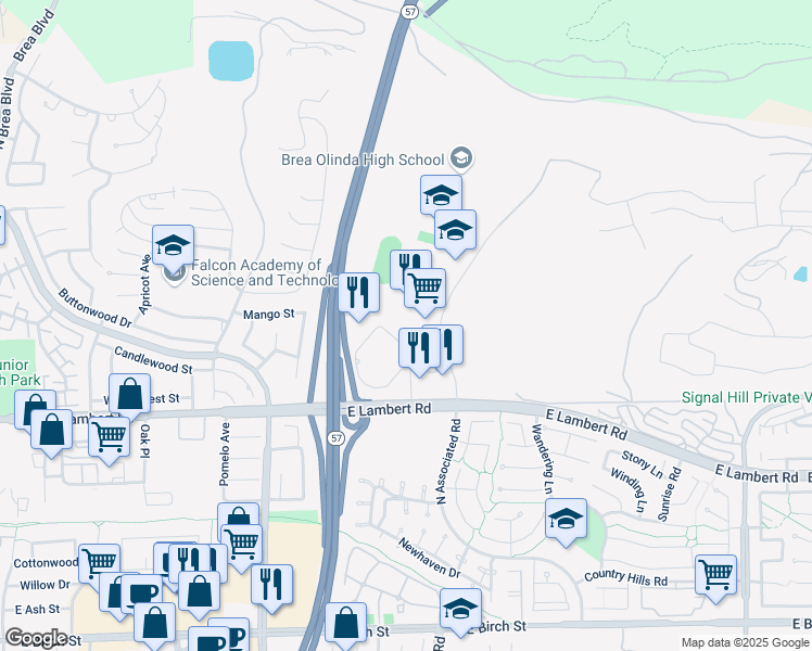 map of restaurants, bars, coffee shops, grocery stores, and more near 50 Pointe Drive in Brea