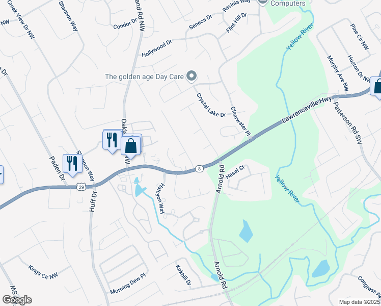 map of restaurants, bars, coffee shops, grocery stores, and more near 188 Prince Anthony Drive Northwest in Lawrenceville