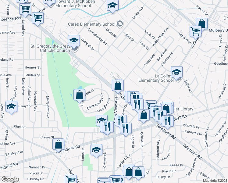 map of restaurants, bars, coffee shops, grocery stores, and more near in South Whittier