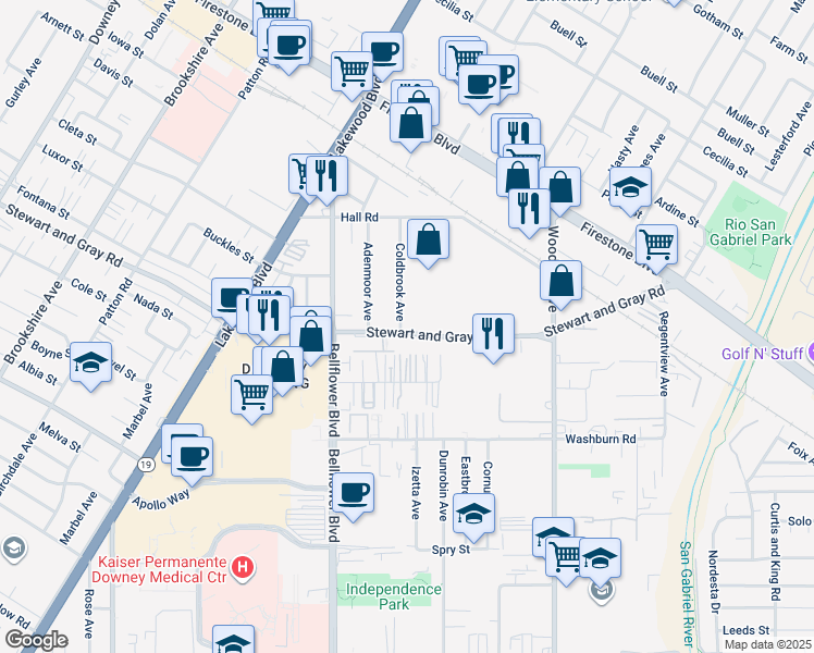 map of restaurants, bars, coffee shops, grocery stores, and more near 11756 Coldbrook Avenue in Downey
