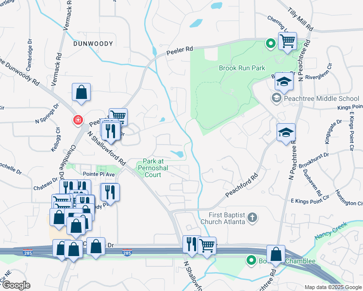 map of restaurants, bars, coffee shops, grocery stores, and more near 2204 Lake Ridge Lane in Dunwoody
