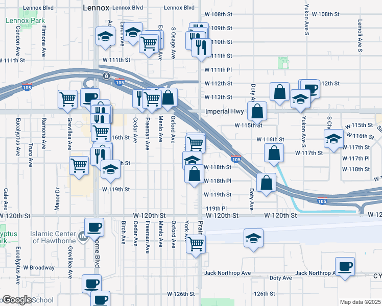 map of restaurants, bars, coffee shops, grocery stores, and more near 11702 York Avenue in Hawthorne
