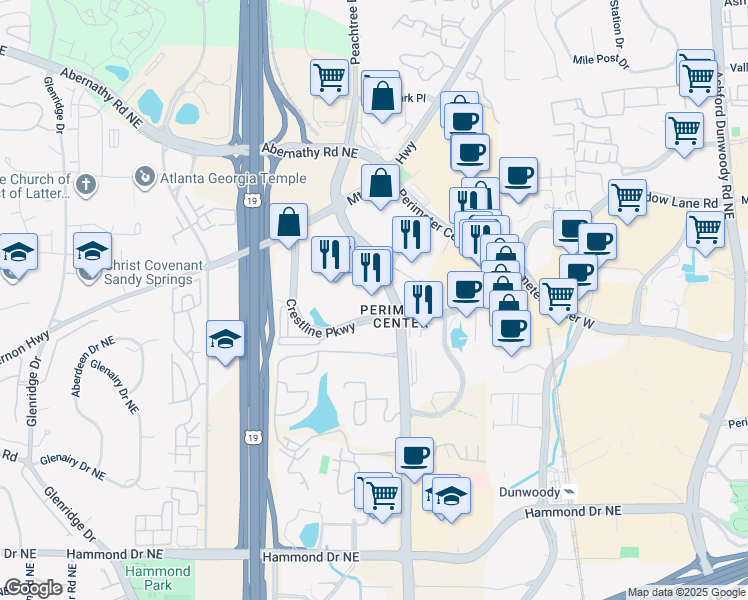 map of restaurants, bars, coffee shops, grocery stores, and more near 6340 Peachtree Dunwoody Road in Sandy Springs